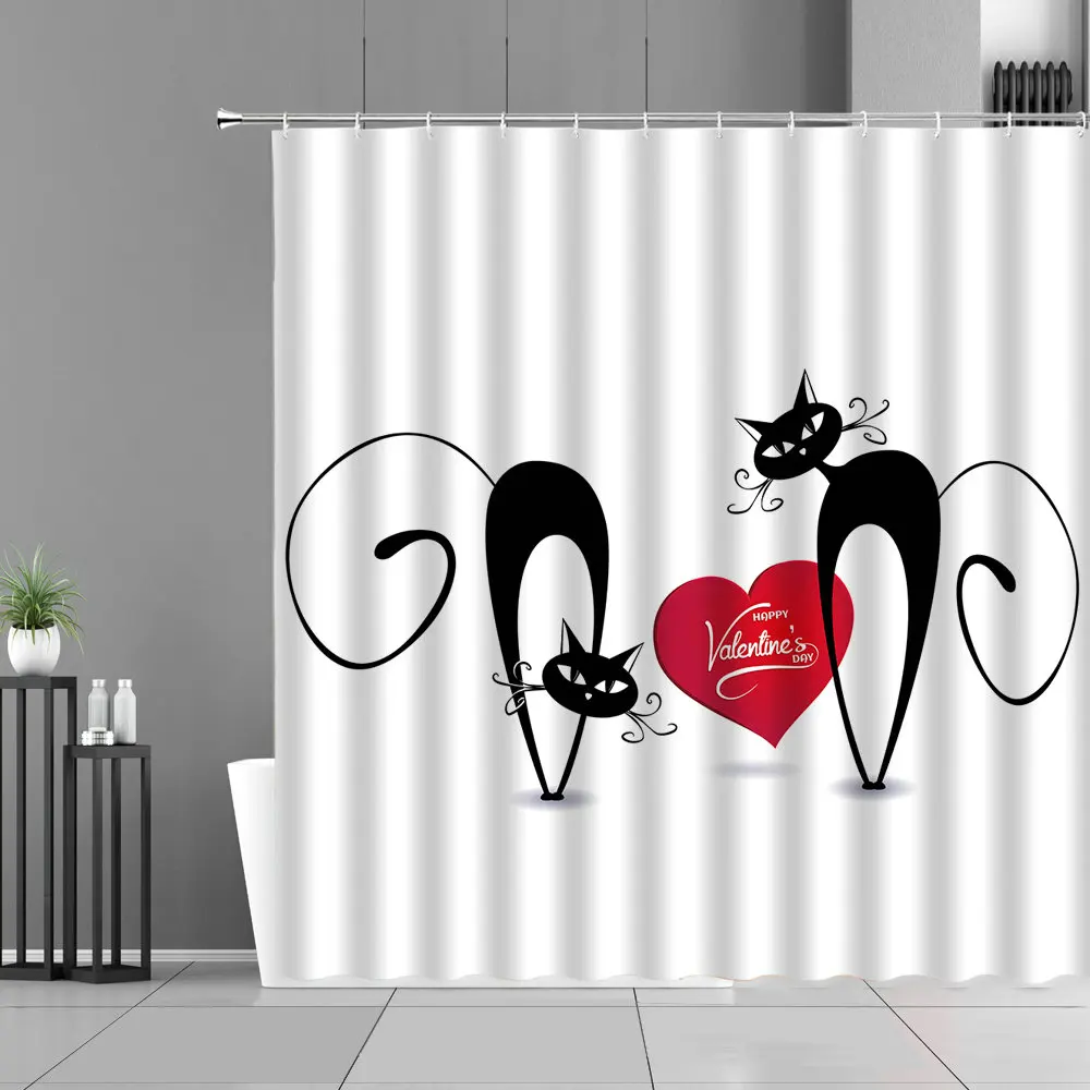 

Love Heart Funny Cats Shower Curtains Cartoon Animal Children Bathroom Home Decor Curtain Screens Waterproof Polyester Fabric