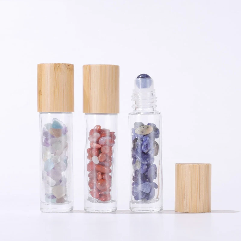 Wholesale 100PCS Hot Sale Glass Roll On Bottle With Gemstone Perfume Roller Bottle With Bamboo Cap