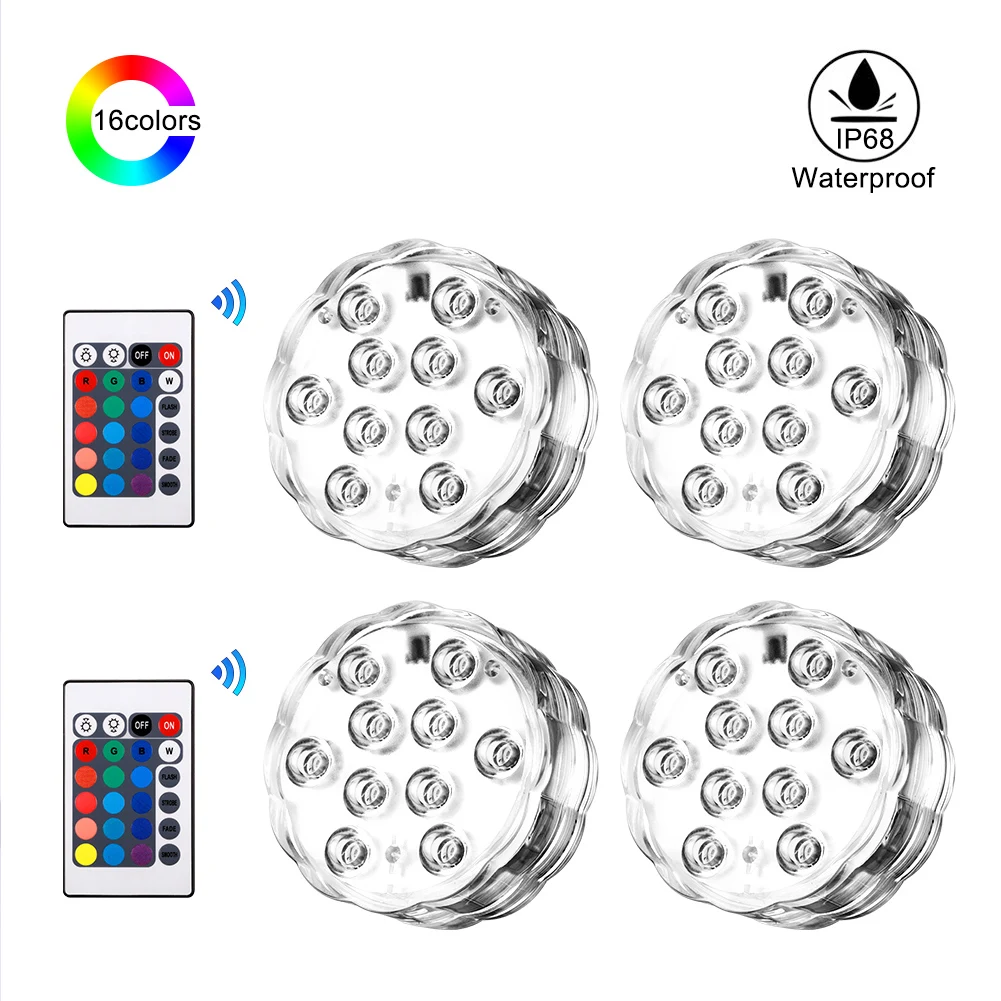

4pcs RGB Submersible Lights 10LED Battery Operated Underwater Night Light With 2pcs Remote Control 4 RGB Underwater Lights