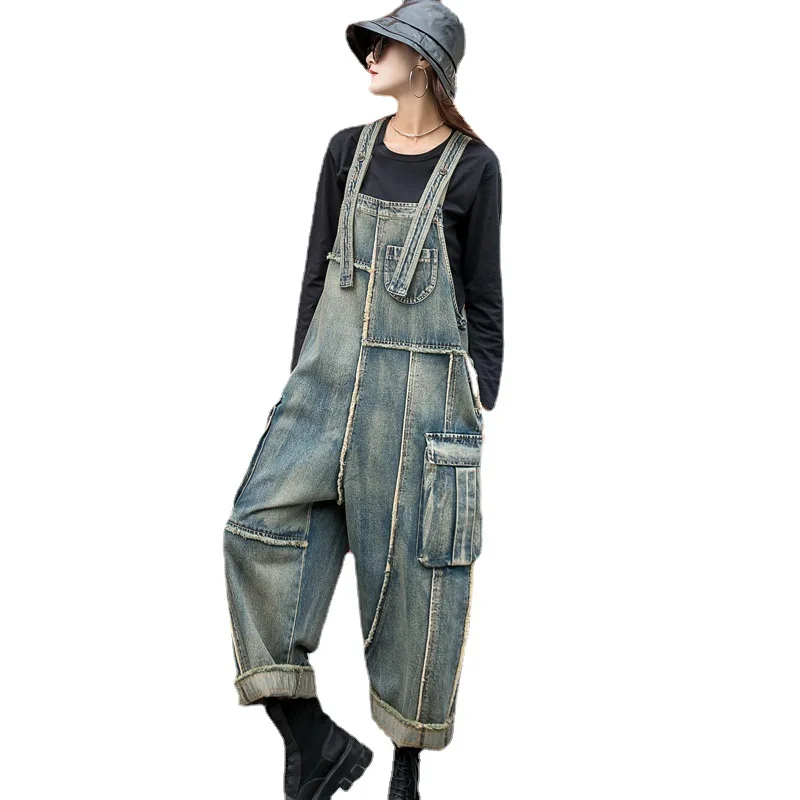 

High Waist Jumpsuits Fashion Loose Size Denim Strap Pants Women's 2021 Spring playsuit New Korean Washed Retro Show Slim