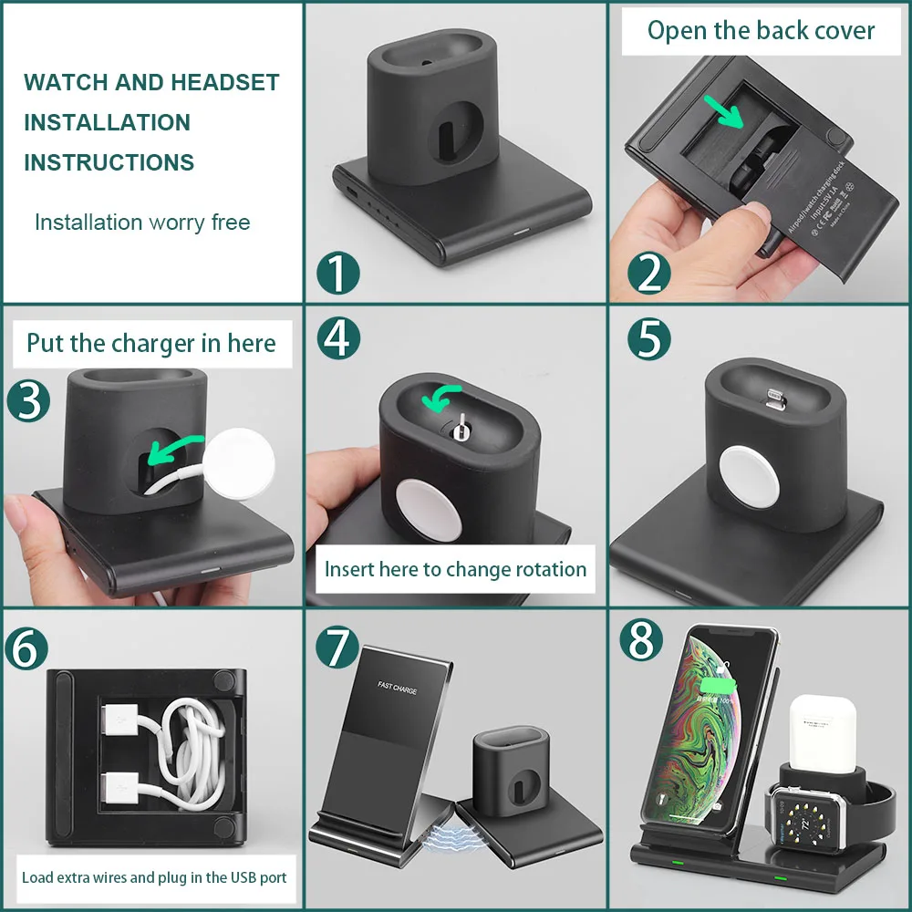 

Wireless Charger Stand Qi Wireless Charging Dock Station Compatible Apple Watch Series 2/3/4/5 AirPods Pro iPhone X 11 XR 8plus