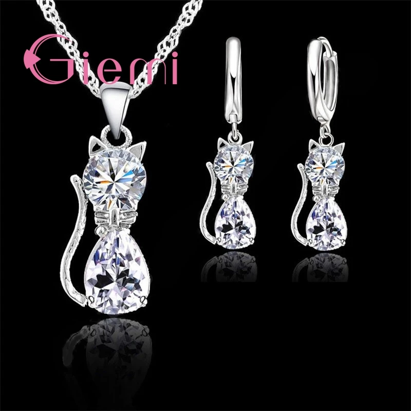 

Cute Cat Jewelry Sets Necklace Earrings With Austrian Crystal For Women Fast Shipping Retail Romantic Engagement Silver