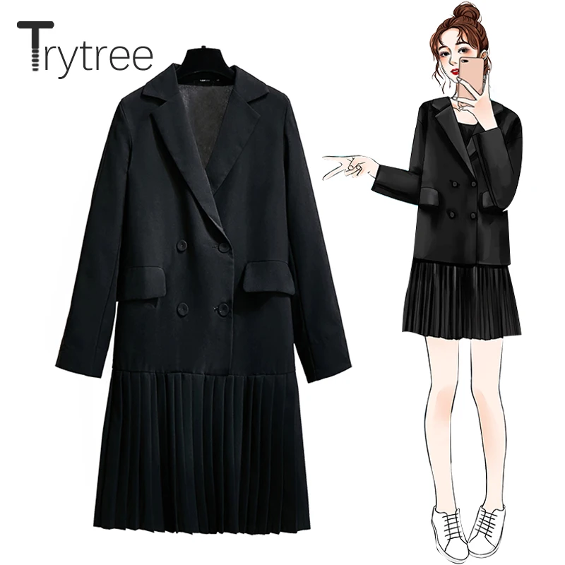 

Trytree 2020 Autumn Winter Women Casual Women Coat Turn-down Collar Double Breasted Pockets Slim Office Lady Black Dress Coat