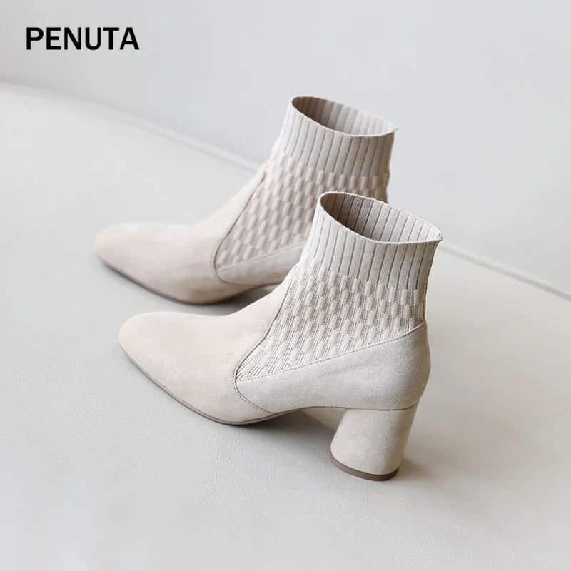 PENUTA; женские эластичные сапоги; замшевые ботильоны; Женская эластичная Осенняя обувь на не сужающемся книзу высоком массивном каблуке; дизайн; PD984