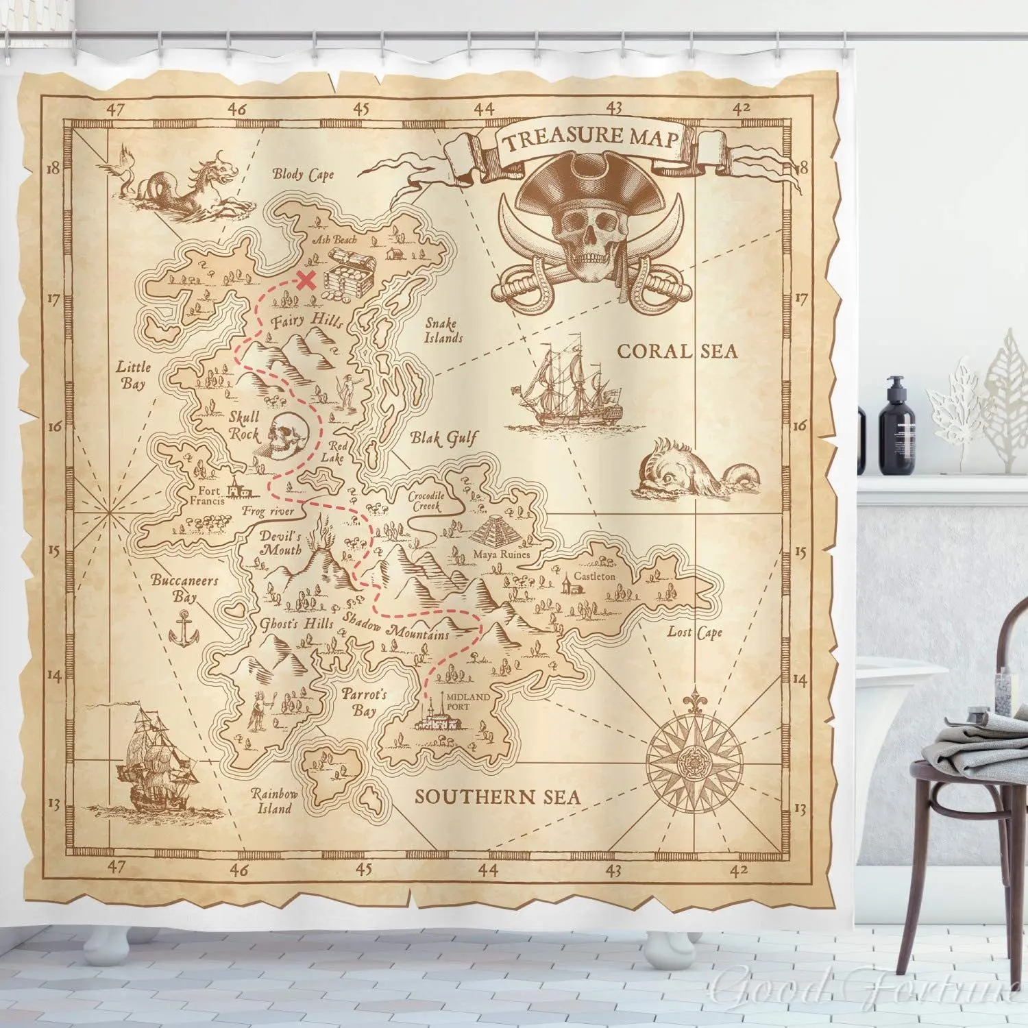 

Island Shower Curtain Old Antique Treasure Map With Details Retro Color Adventure Sailing Pirate Print Bathroom Decor