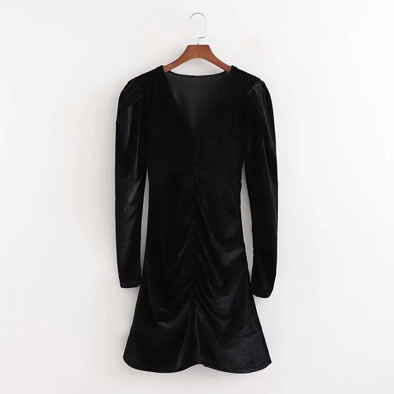 

Lightly Cooked Ruffled Fishtail Dress Women's 2021 New Summer V Neck Black Drawstring Long Sleeve Short Dresses For Fasionable