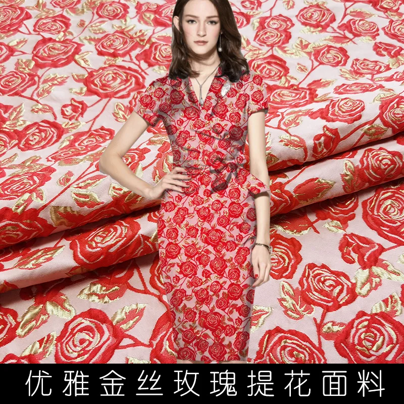

European and American Yarn -Dyed Three-Dimensional Gold Silk Rose Jacquard Dress Fabric Dress Suit Brocade Clothing Fabric