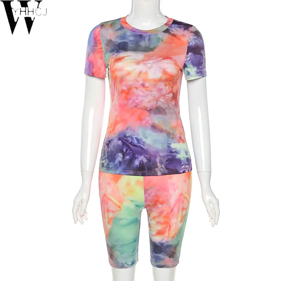 

WYHHCJ Workout Casual Fashion Matching Sets Women Tie Dye Short Sleeve Two Piece Outfits 2020 Sporty Top And Biker Shorts Set