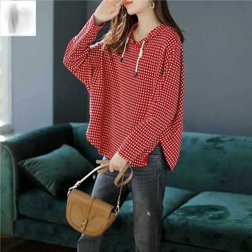 

Hooded Batwing Sleeve Plaid Sweater Women 's Clothing 2021 Spring New Elegant Versatile Casual Top Fashion