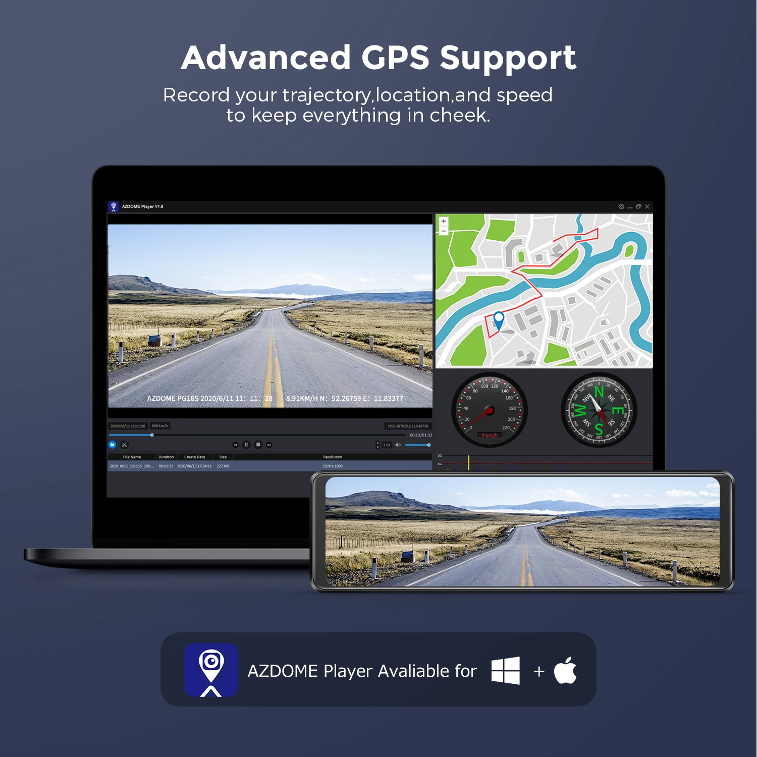 AZDOME 12 дюймов Автомобильная камера заднего вида GPS 2K + 1080P Двойная (бесплатно 32G TF)