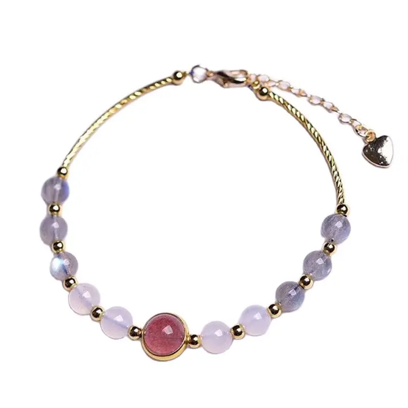 

Natural crystal Moonstone single circle bracelet with strawberry crystal beads 14k gold healing for women bracelet jewelry