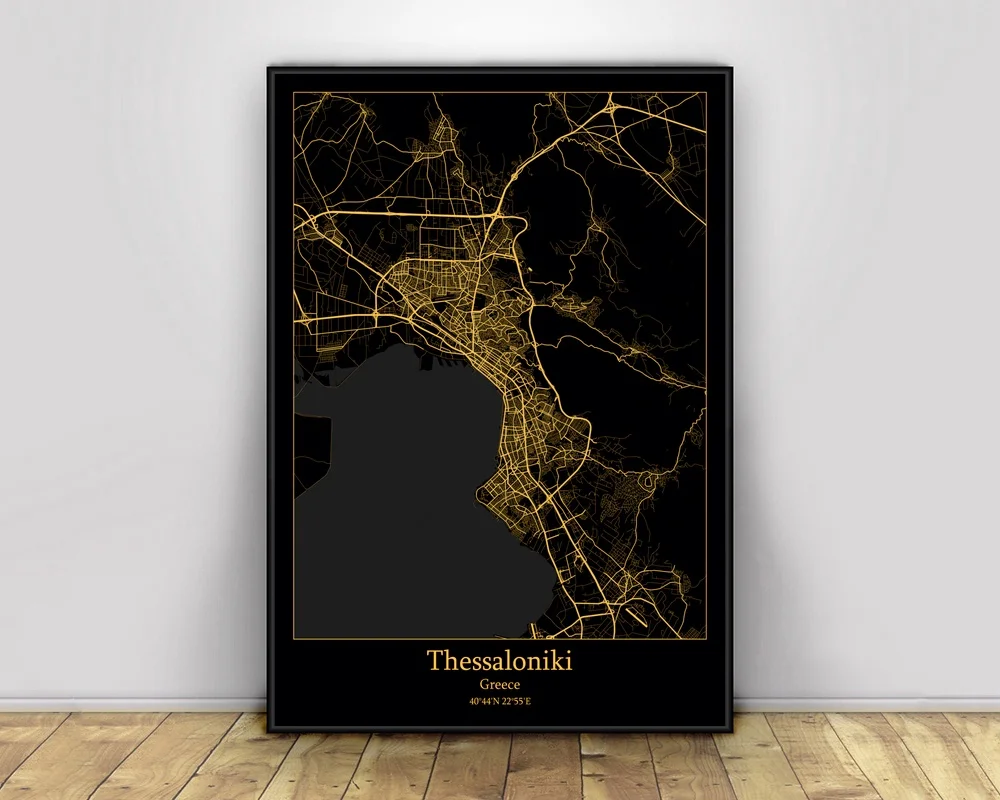 

Изумительские греческие черные и золотые города, легкие карты, обычные карта городов мира постеры, печать на холсте в скандинавском стиле, н...