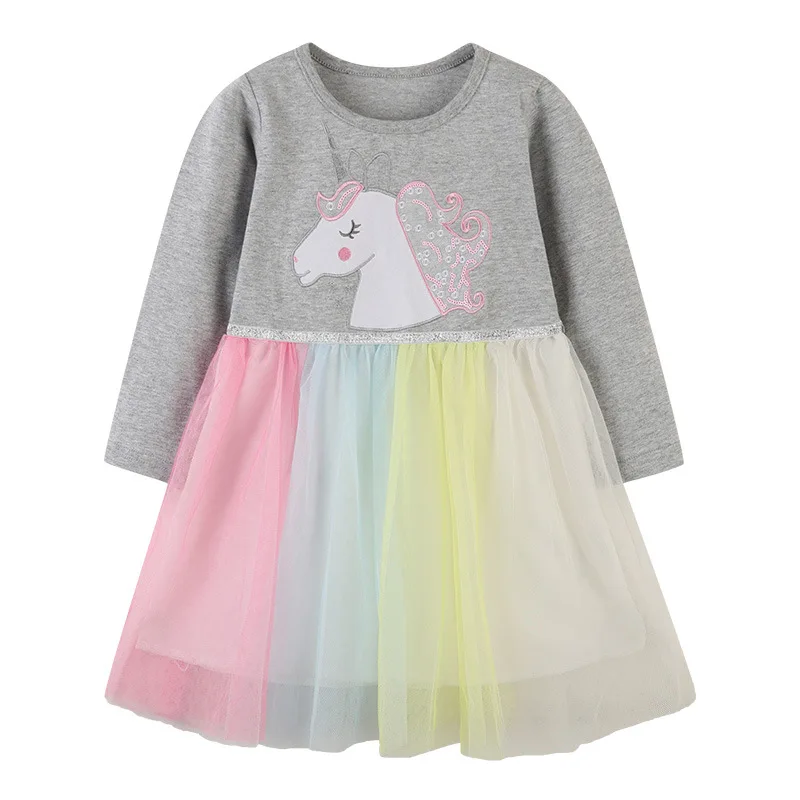 

2021 Spring Autumn New Rainbow Mesh Skirt Long-Sleeved Girls Children's Clothing Children's Cute Unicorn Casual Dress 2-7T