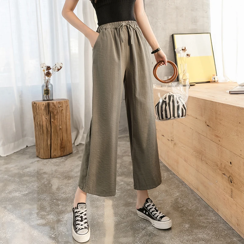 

#2116 Summer Casual Vintage Cotton Linen Wide Leg Pants Women Drawstring High Waisted Trousers Straight Loose Thin Harajuku