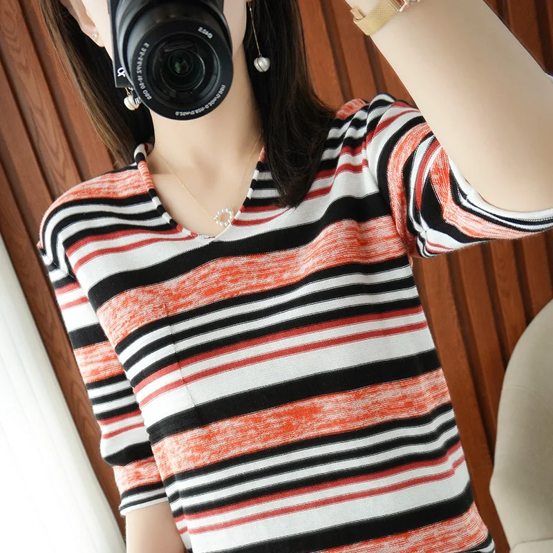 

BELIARST 100% Cotton Short-sleeved Women's V-neck Pullover T-shirt Spring and Summer New Style Striped Sweater Casual Plus Size