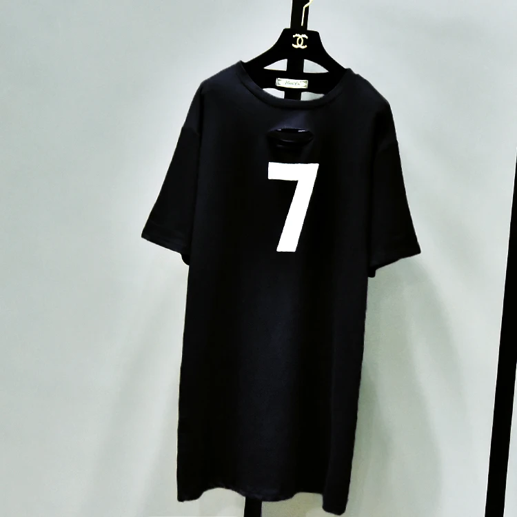 Распродажа отверстие Tumblr Blusa № 7 печатных футболки, новинка, в Корейском стиле; сезон лето Длинные свободные отверстия для женщин Повседневная футболка с рисунком для девочек Рубашка с длинными рукавами