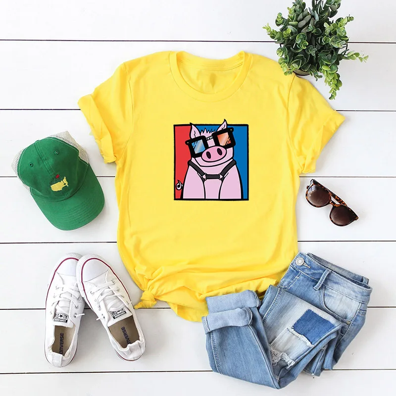 

Goods In Stock! European and American Spoof Pig Expression Comfortable Short Sleeve Women's Cotton T-shirt