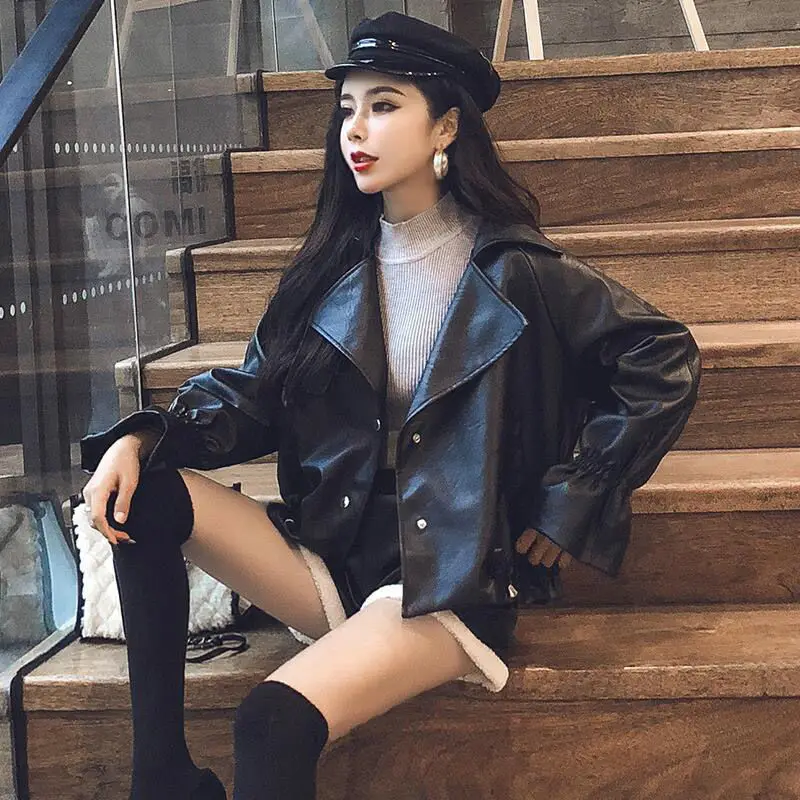 

Женская кожаная куртка, Женская Короткая свободная куртка BF с высокой талией, мотоциклетная куртка из искусственной кожи, повседневные топ...