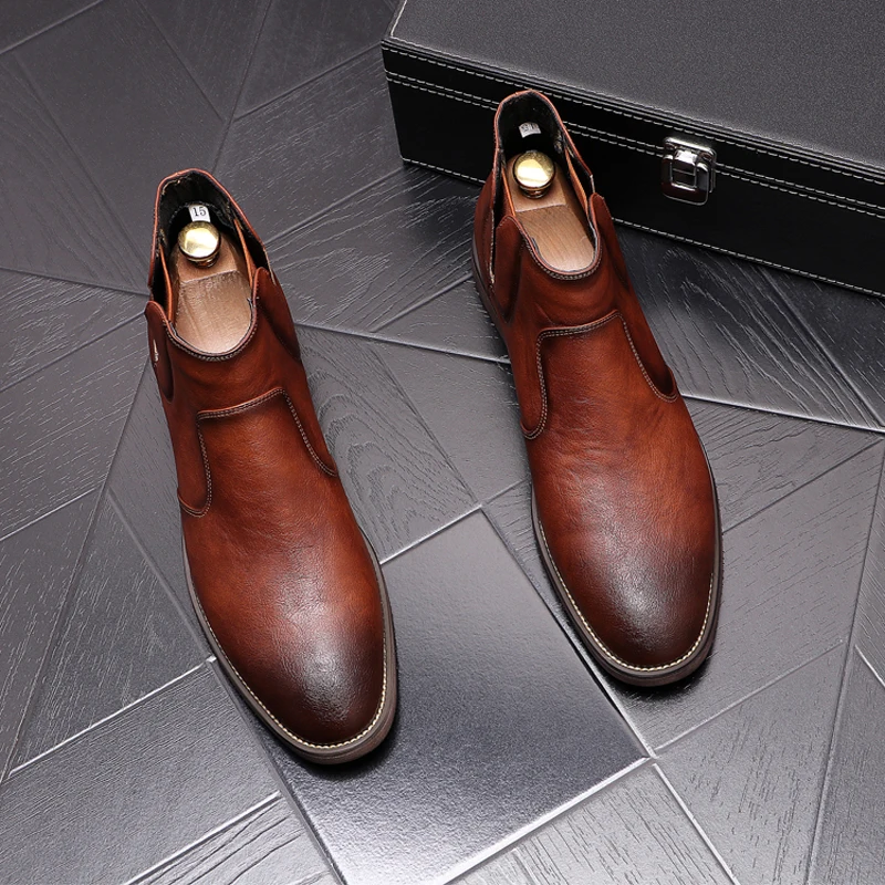 

Men Leather Boots High Quality Fashion Retro Ankle Booties Male Motorcycle Boots Chelsea Booties For Party