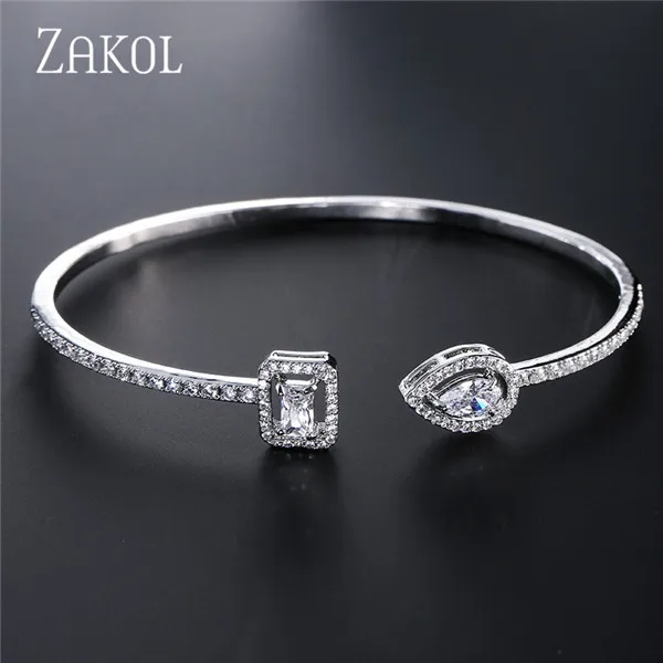 Rhodium Plated ZAKOL Модный изысканный круглый и Капля воды микро проложить циркония браслет-кафф с кристаллами браслет для женщин платье ювелирные изделия FSBP2009 - Окраска металла: Rhodium Plated