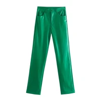 traf za 2021 green pants women faux leather woman trousers fashion high waist straight pant fall straight streetwear baggy pants