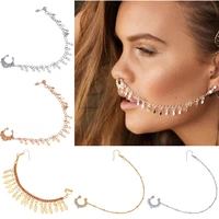 gold plated bohemian septum nose clicker tassel chain earring for women girls no pierced nose ring hook ear earrings jewelry