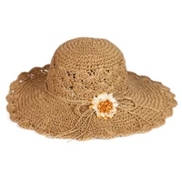 wholesale women summer travel beach seaside breathable woven big brim sunshade straw paper hats with flower