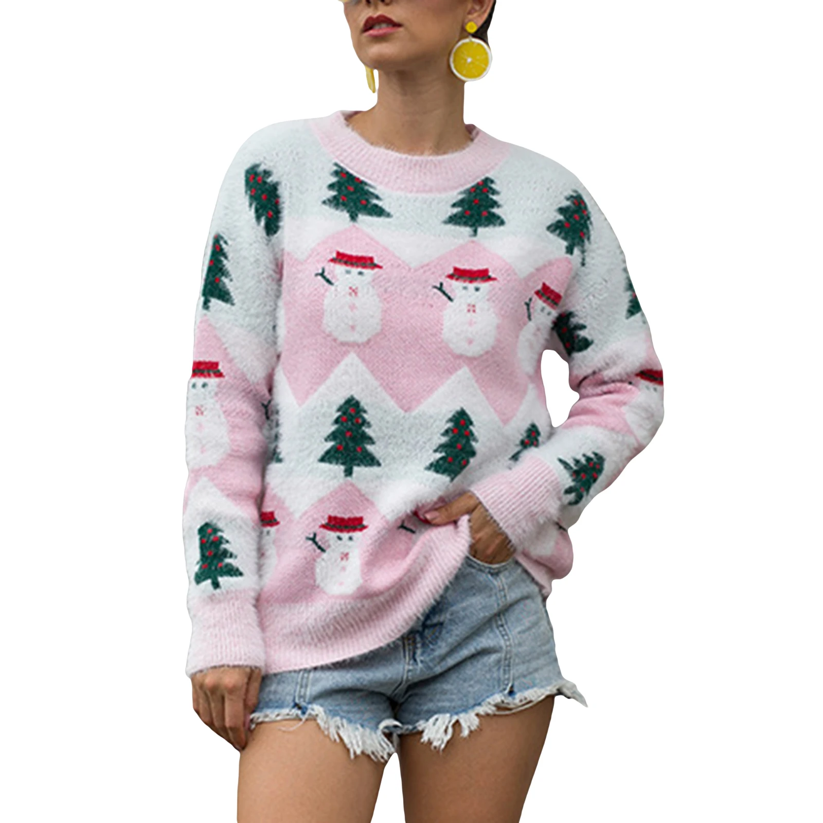 

Autumn Women Casual Knit Sweater Christmas Tree Snowman Pattern Long Sleeve Round Neck Pullover