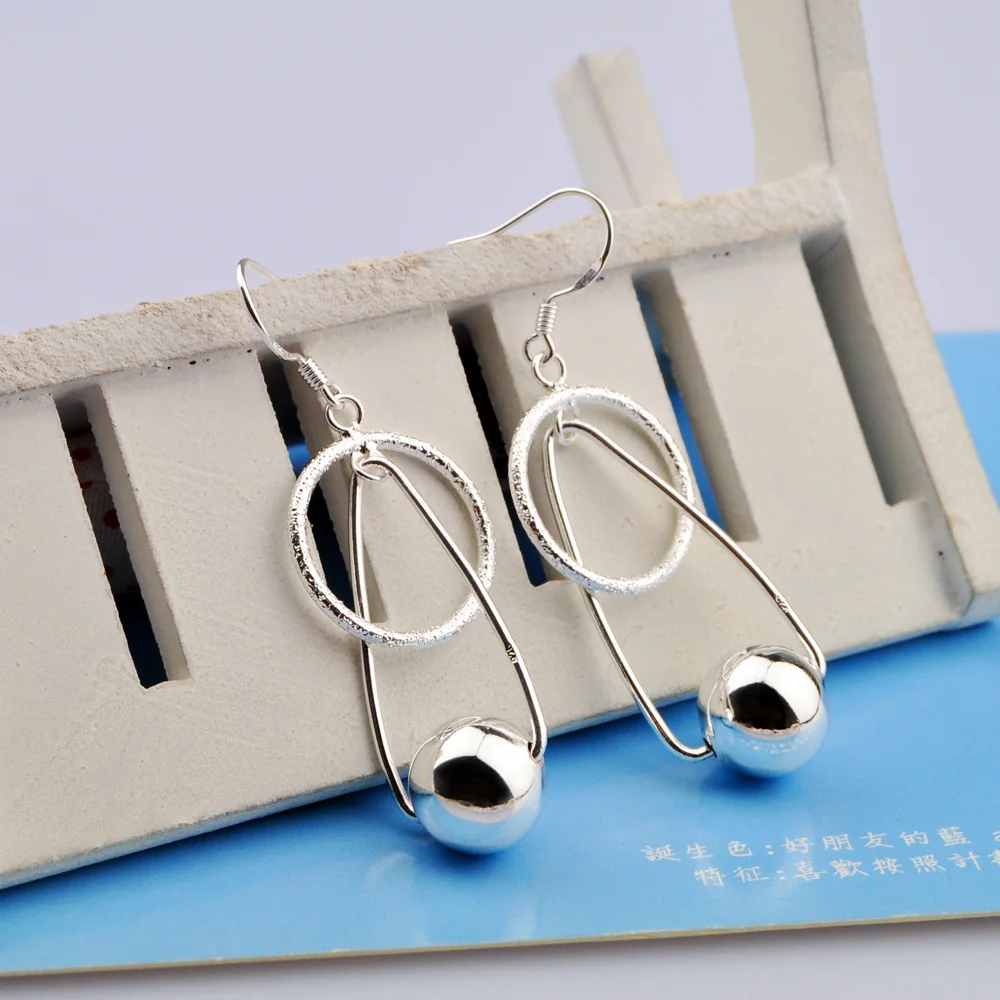 Женские серьги подвески из чистого серебра круглые с бусинами серебряные для