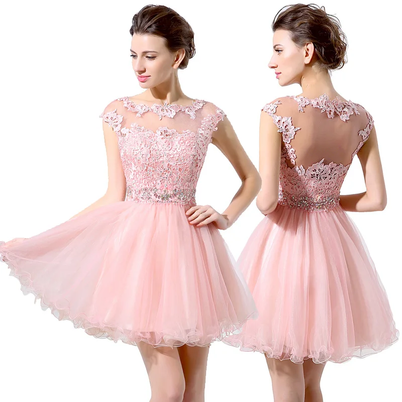 

Womens New Custom Cheap Pink Homecoming Dress Applique Tulle Chiifon Short Sequin Beaded Special Occasion Graduation Party Gown