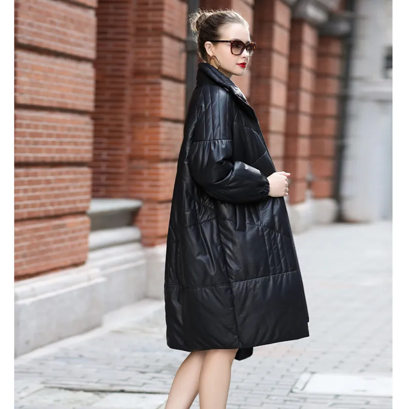 Leather Down Jacket Women's Winter Sheepskin Silhouette Long Thickened Loose Coat Lapel Warm Genuine Leather Tops