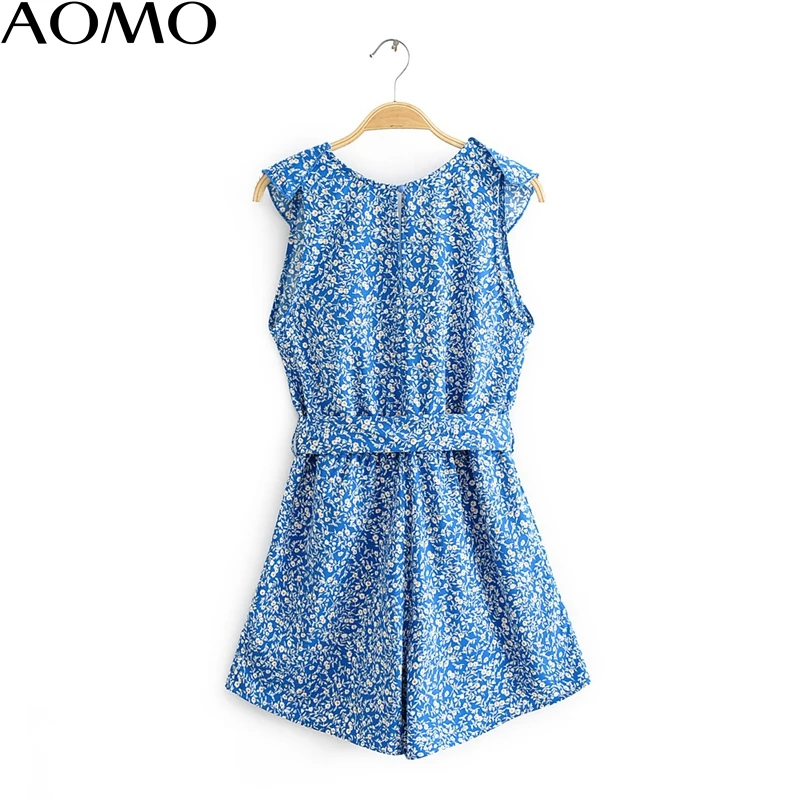 

AOMO fashion women vintage V neck floral playsuits bow tie short sleeve rompers ladies casual chic jumpsuits JA41A