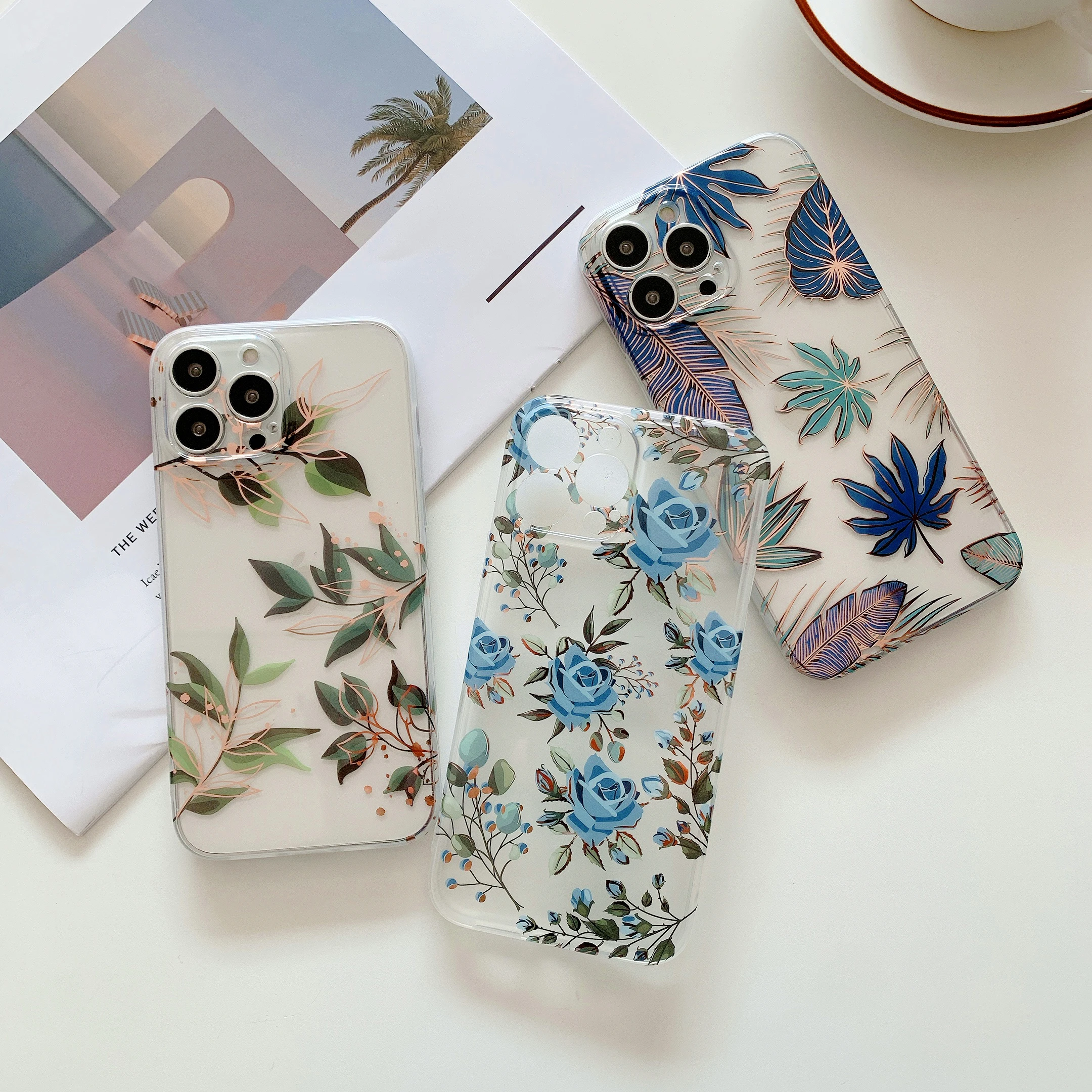 

Electroplated Transparent Flowers Leaves Phone Case For iPhone 13 11 12 Mini Pro X XR XS Max 8 7 Plus SE 2020 Fashion IMD Cover