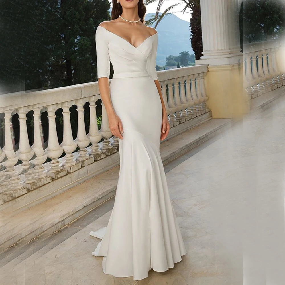 

Full Satin Mermaid Wedding Dresses V-neck Half Sleeves Backless SweepTrain Bridal Gown Customize robes de soirée