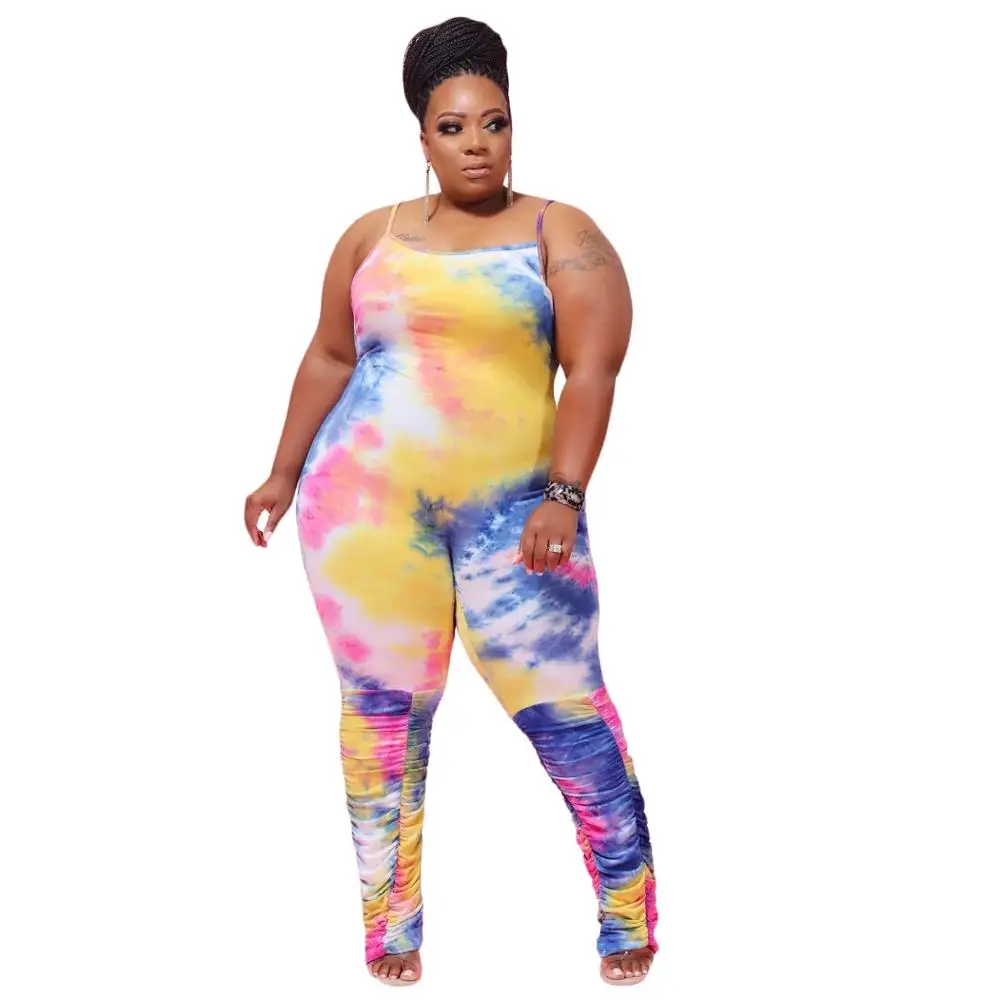 

Plus Size XL-4XL Printed Women Jumpsuits Party Spaghetti Strap Sleeveless Backless Tie-Dye Pleated Stacked Pants Casual Rompers