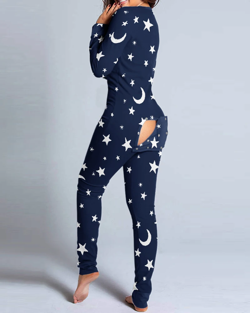 

2020 Women Fashion Elegant Casual Star Moon Print Functional Buttoned Flap Adults Pajamas