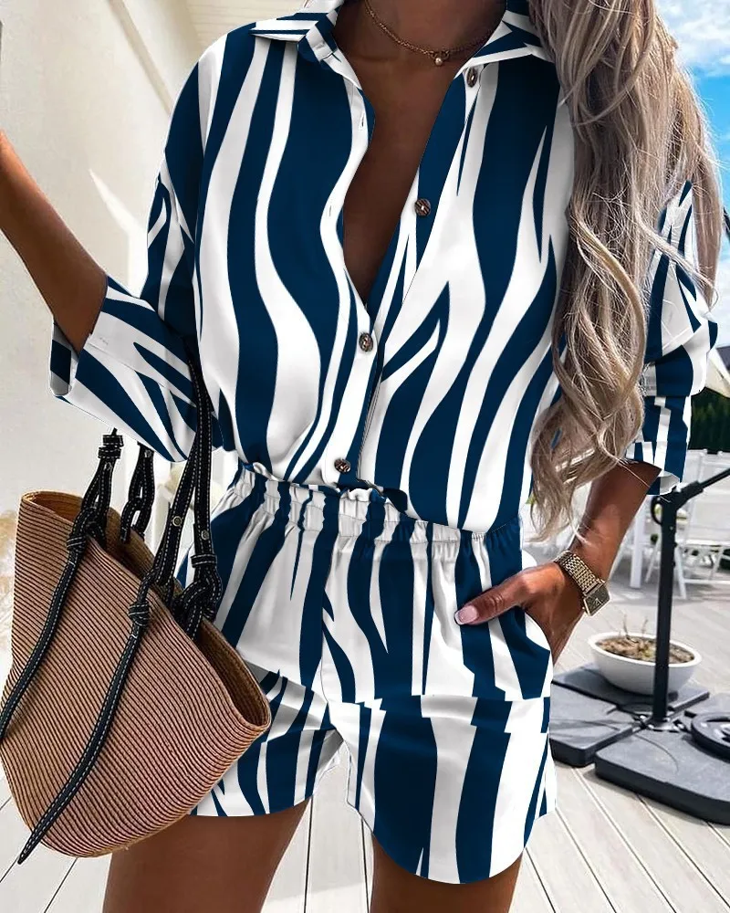 

Женский Повседневный комплект из двух предметов, модный топ с открытыми плечами и Дизайнерские повседневные шорты с тропическим принтом и ...