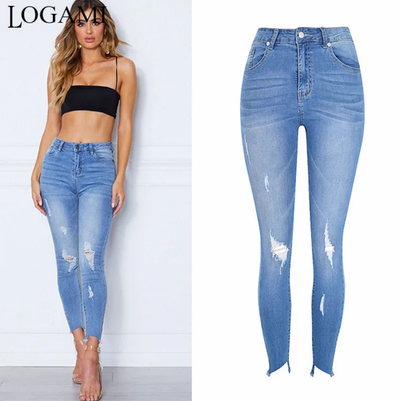 

LOGAMI High Waist Ripped Jeans Woman Summer Autumn Pencil Jeans Womens Elastic Denim Pants 2019 New