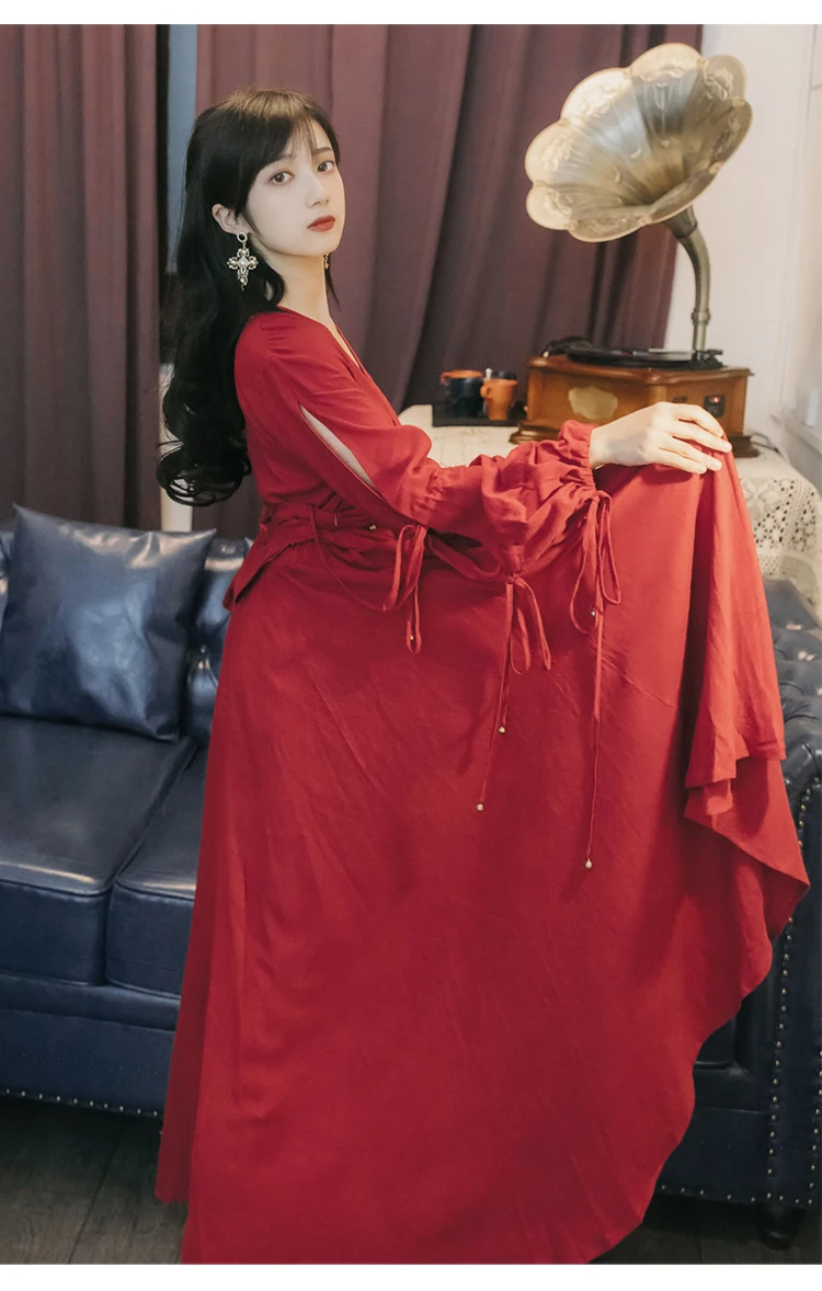 YOSIMI Maxi Chiffon Red Long Women Dress Bohemian V-neck Lantern Sleeve Full Sleeve Ankle-lenght Female Dress with Sashes