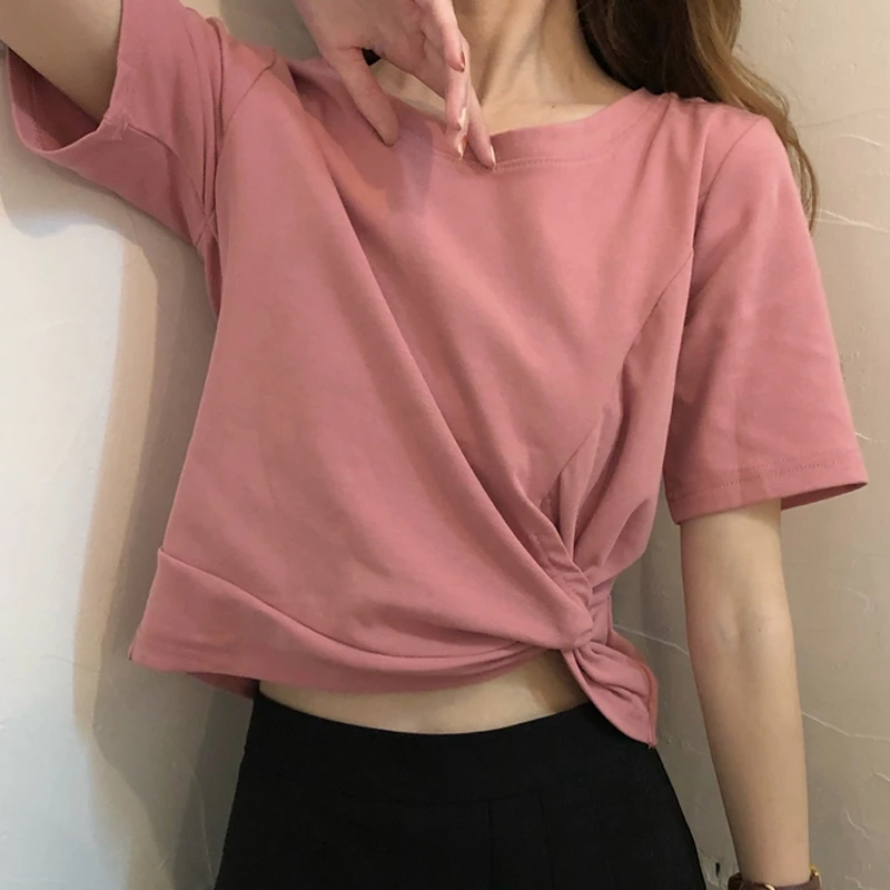 Футболка женская с коротким рукавом модный Суперпопулярный топ узлом в стиле