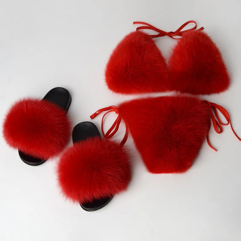 Red sets Модные женские шлепанцы; бюстгальтер бикини из натурального Лисьего меха; летняя пляжная обувь; женское нижнее белье; съемный Толстый Пушистый комплект бикини из натурального меха - Цвет: Red sets