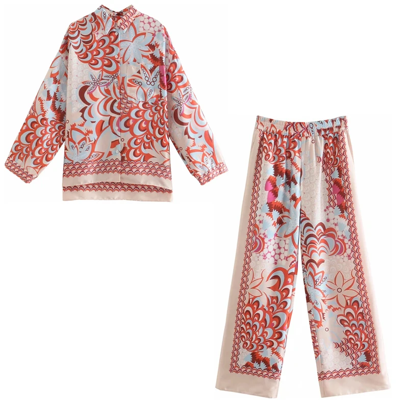 

PSEEWE Two Piece Set Women Outfit Za Green Print Shirts Woman Tracksuits Vintage Fashion 2021 Summer High Waist Trouser Suits