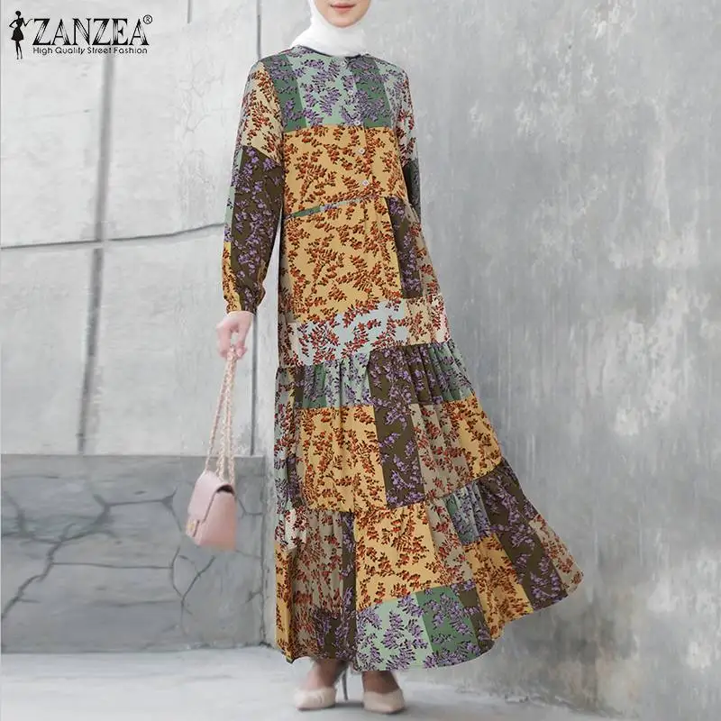 

Casual Loose Dress Full Sleeve Morocco Women Loose Floral Printed Dress Msulim Kaftan Fashion Robe O Neck Long Shirt Dress