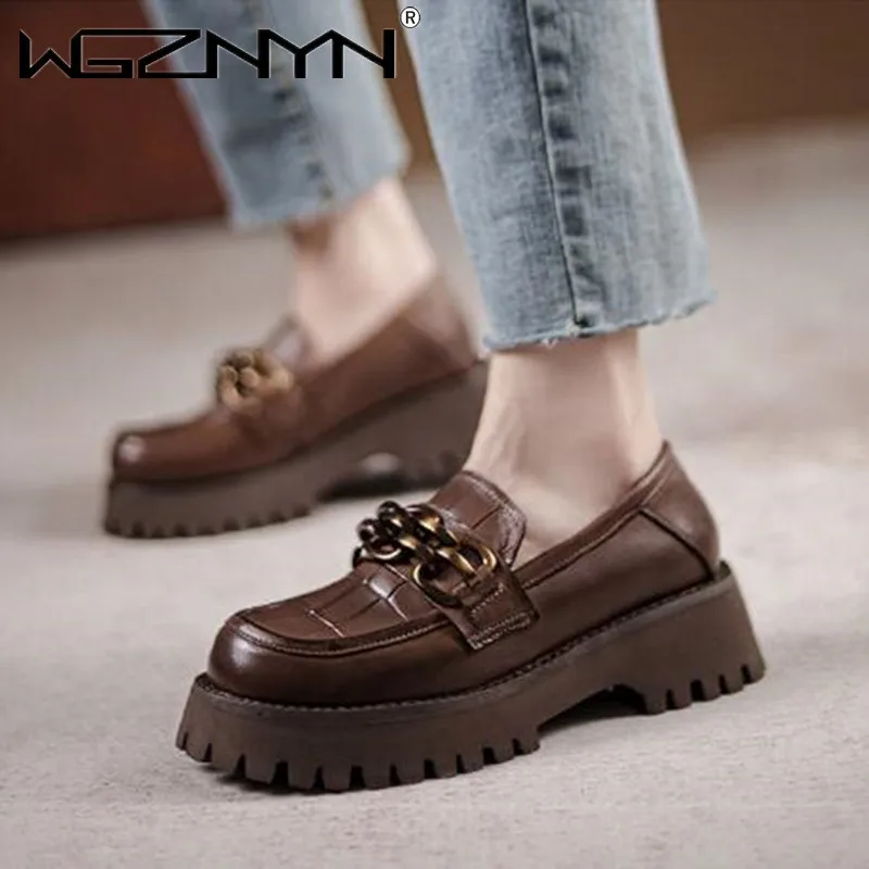

Designer Genuine PU Leather Chunky Loafers Women Retro Platform Shoes Round Toe Metal Chain Slip on Ladies Flats Handmade Shoes