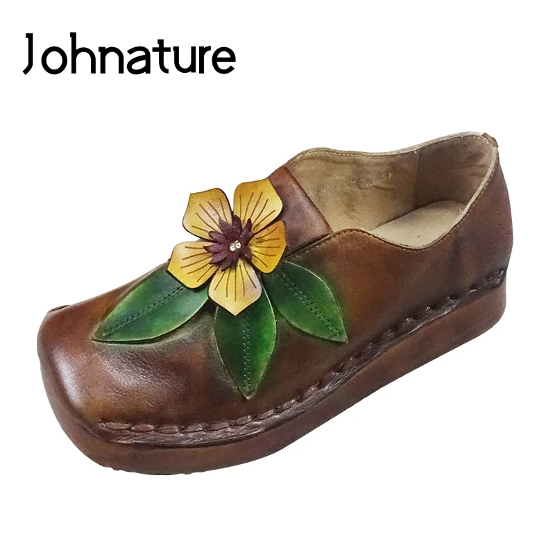 

Johnature Retro Square Toe Pumps Women Shoes Genuine Leather 2021 New Autumn Slip-on Casual Sewing Flower Handmade Ladies Shoes
