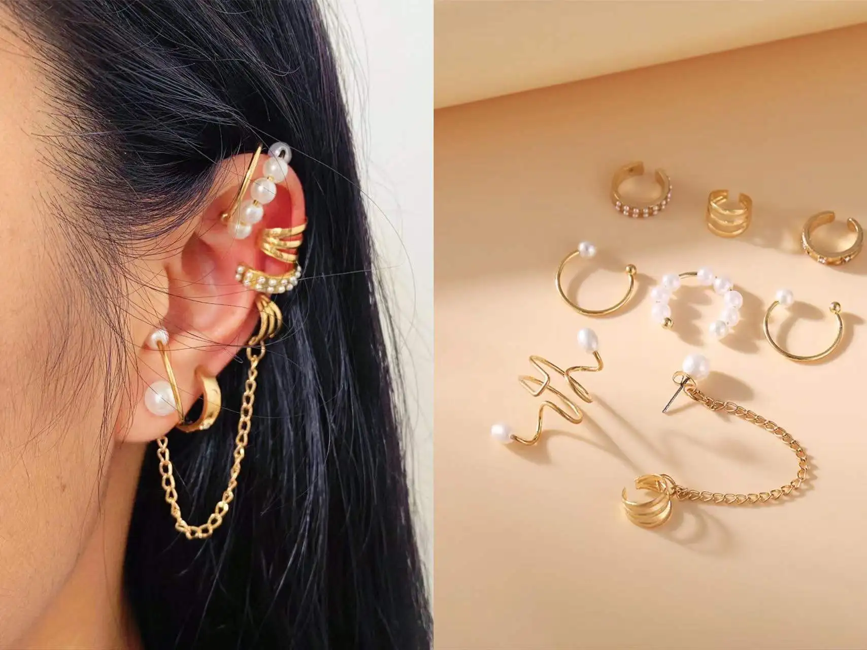 

Жемчужные серьги-манжеты для ушей 8 шт./компл. для женщин геометрические золотые металлические не пирсинг-клипсы для ушей 2021 трендовые ювели...