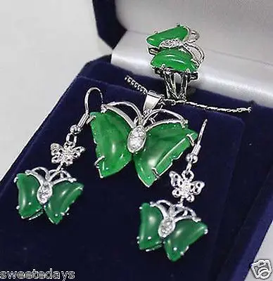 

new Style Hot sale********Pretty Bbutterfly Green jade Pendant Necklace Earrings Ring Set Fashion Wedding Party Jewellery