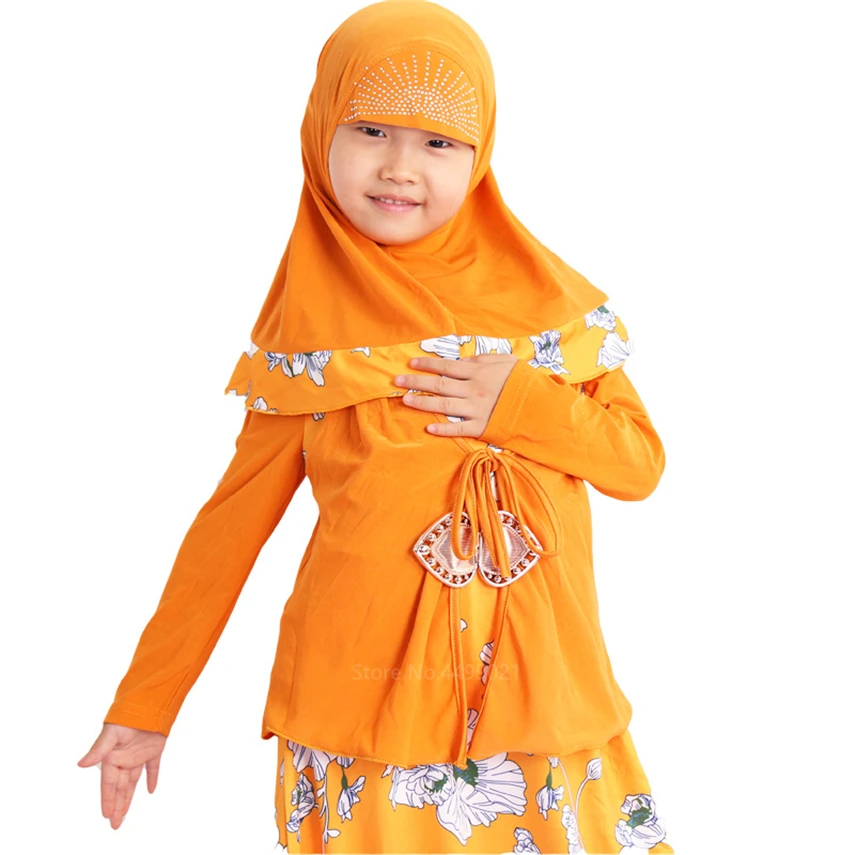 

Muslim Girls Clothes 3PCS Kids Middle East Arabic Malaysia Abaya Dress Floral Long Sleeve Party Ramadan Gowns with Hijab