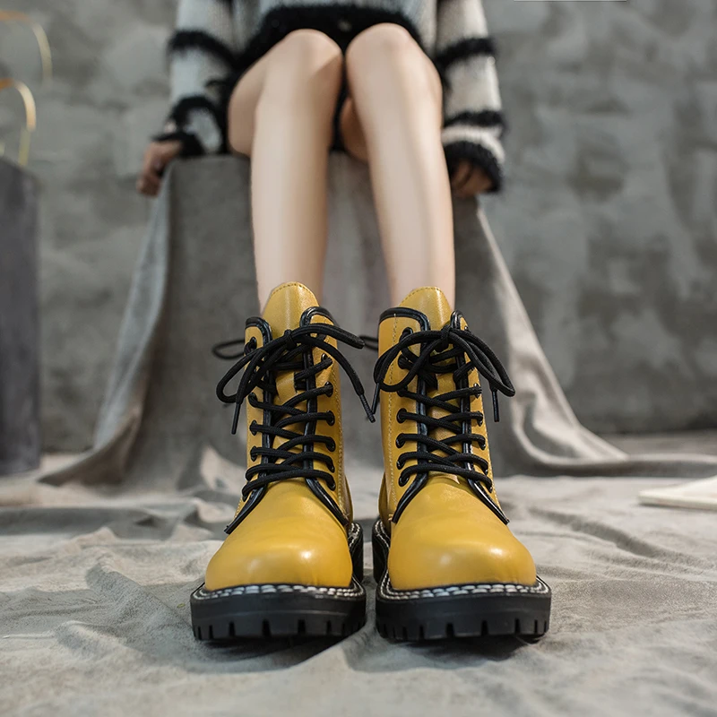 Черные бежевые желтые женские ботильоны на платформе со шнуровкой зимние теплые