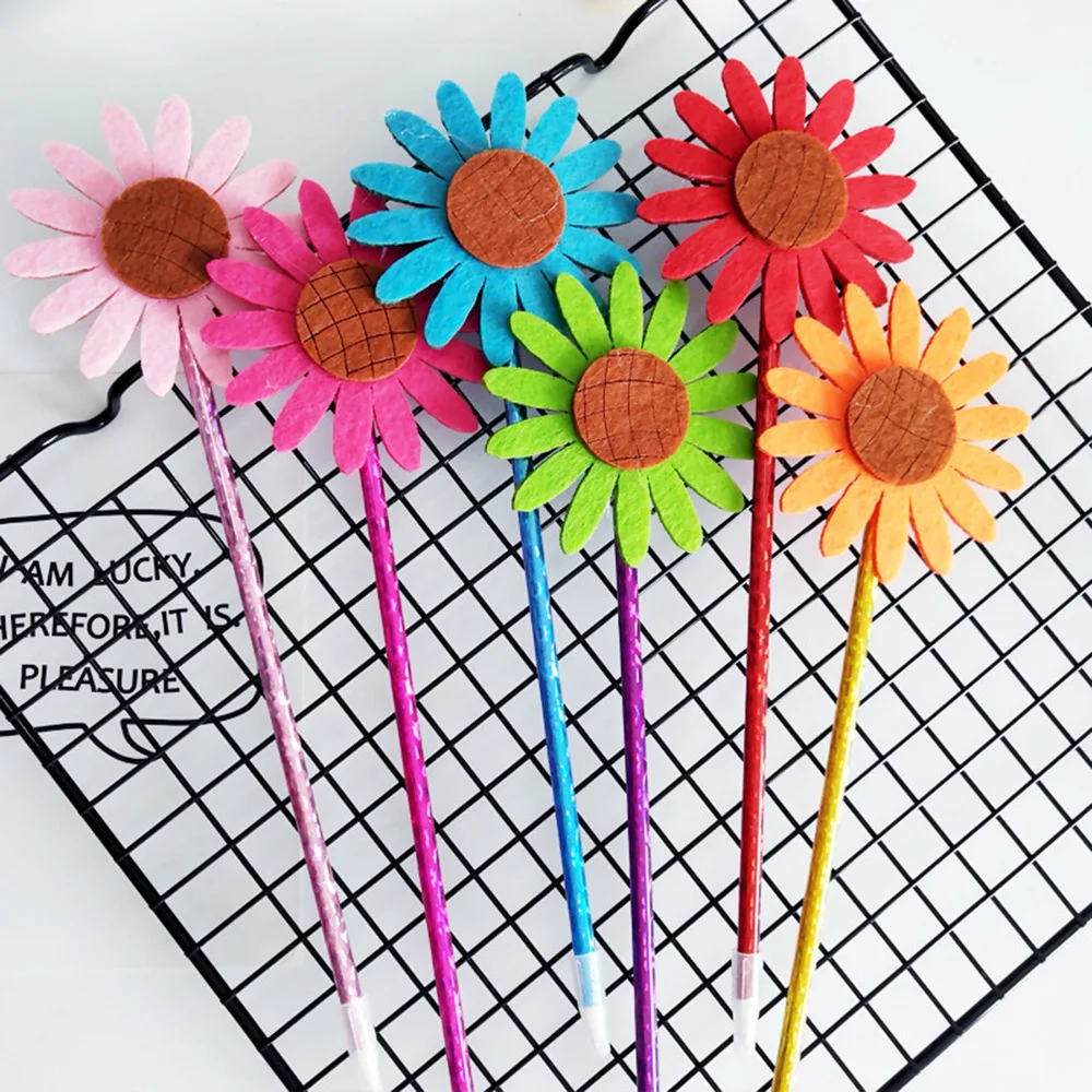 

12pcs Sunflower Style Ballpoint Pens Plush Flower Blue Ink Pen Stationery for Home School Office (Random Color Pen-holder)